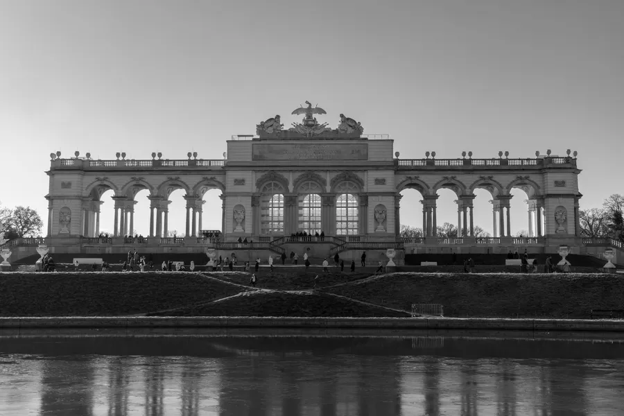 Schoenbrunn Palace facade with formal gardens