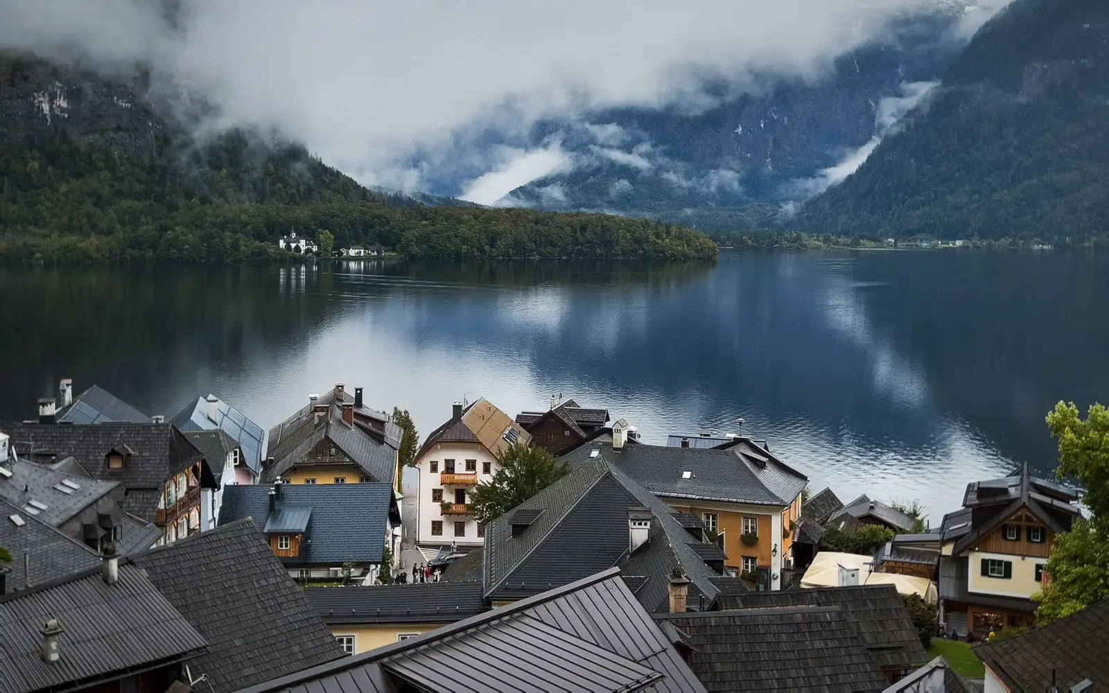 Hallstatt village on its alpine lake with mountains rising behind