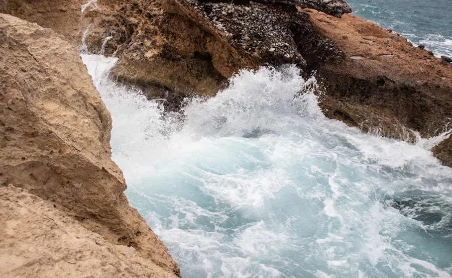 Atlantic waves crashing on mushroom-shaped rocks at Bathsheba