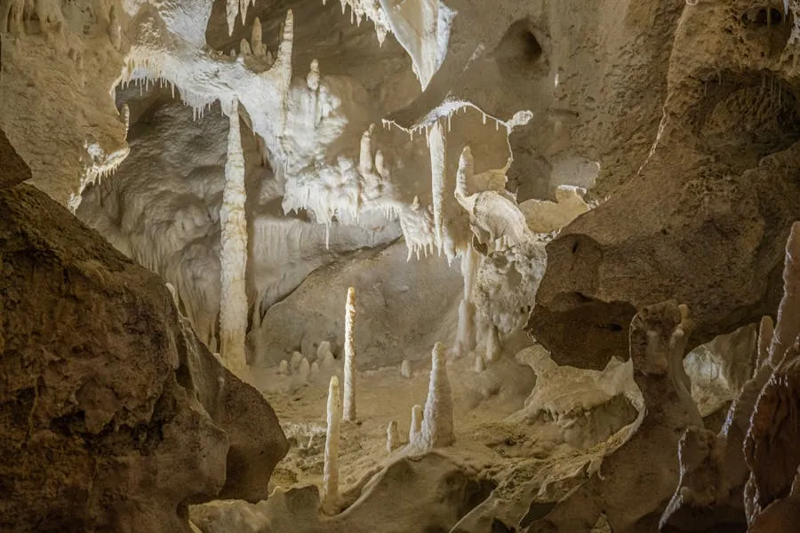 Limestone stalactites inside a cave