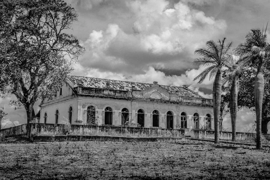 Colonial plantation house with palm trees