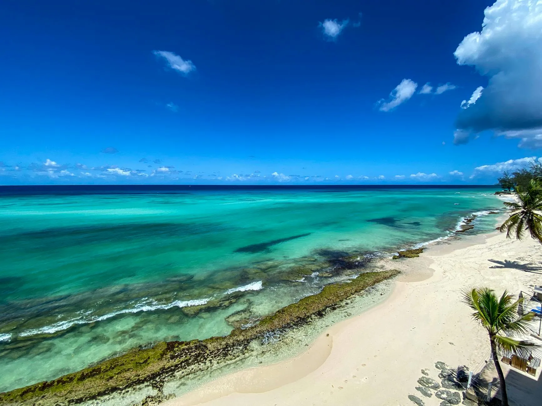 Aerial panorama of Barbados showing turquoise waters and coastline