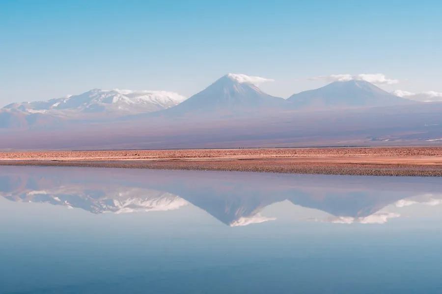 Snow-capped Andean volcanoes reflected in Lake Chungar&aacute;