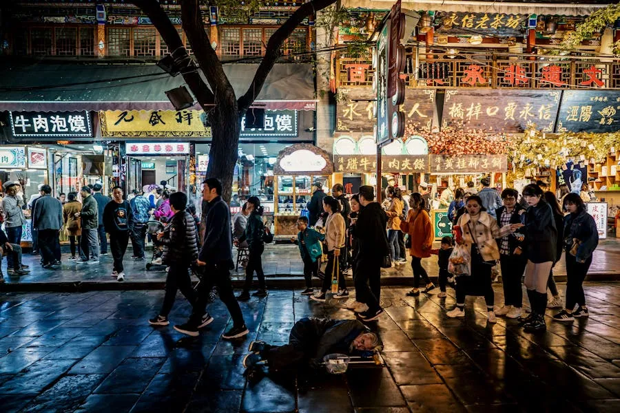 Muslim Quarter street food stalls in Xian with smoke and crowds