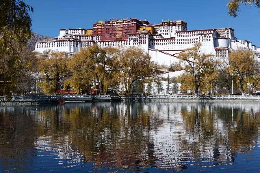 Potala Palace in Lhasa rising above the city against blue sky