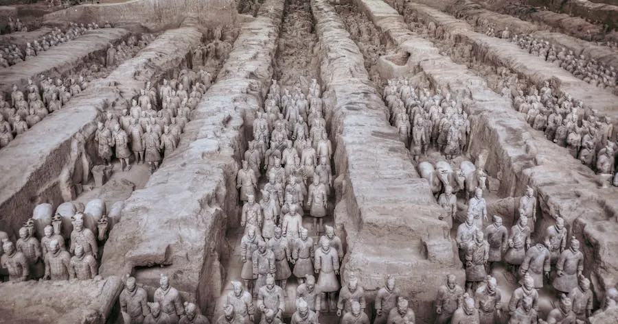 Terracotta Warriors in formation inside their excavation pit
