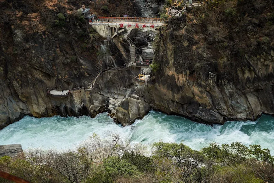 Tiger Leaping Gorge with rushing rapids and towering snow-capped mountains