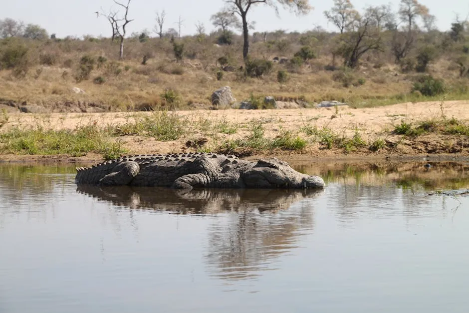 Crocodile basking on riverbank