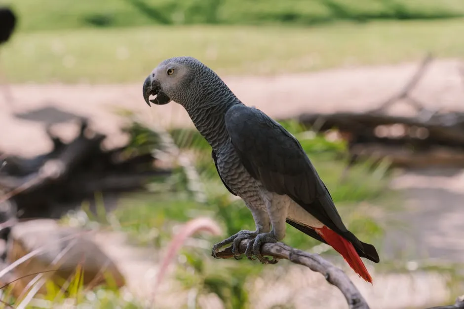 African grey parrot with red tail perched on branch