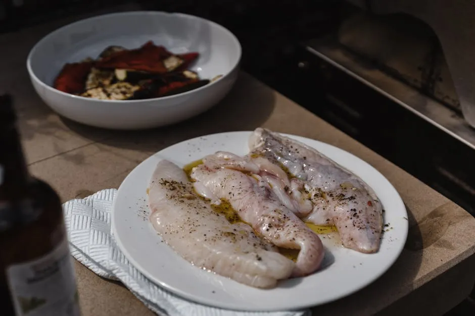 Grilled fresh Adriatic fish on a plate with olive oil and lemon