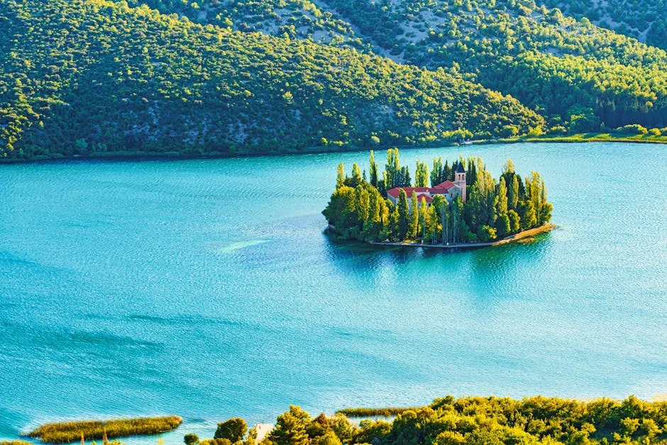 Mljet saltwater lake with small island and Benedictine monastery