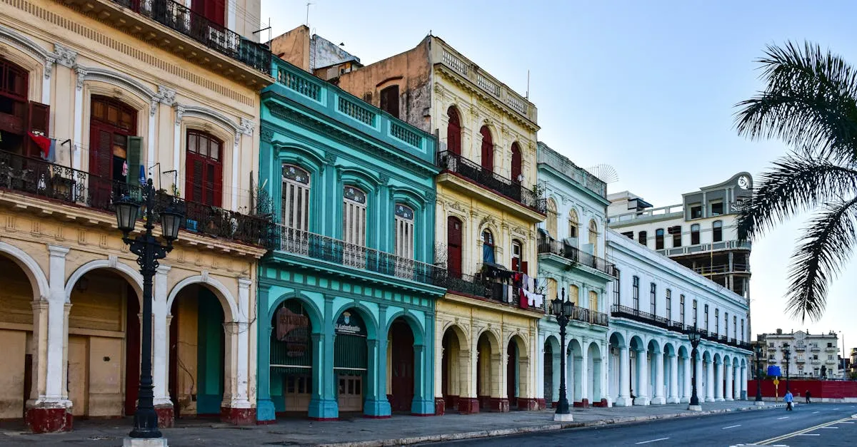Classic vintage car on a Havana street with colourful colonial buildings