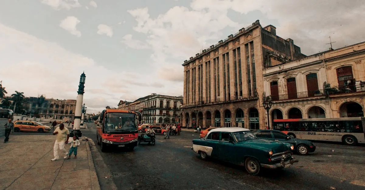 Cuban street scene with historic buildings and people