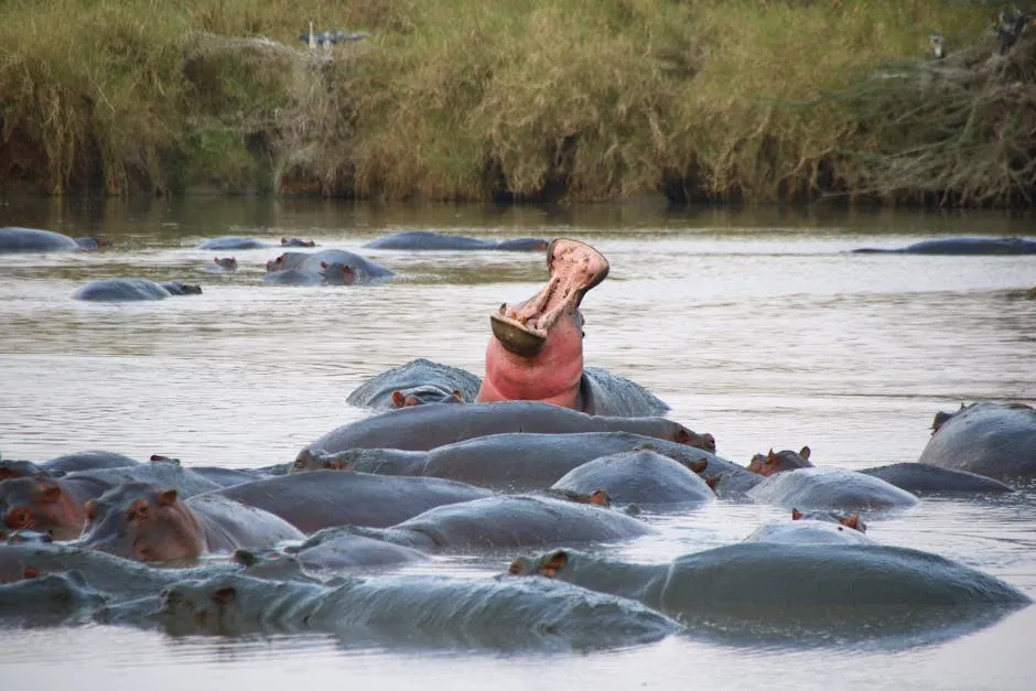 Hippos resting in an African river