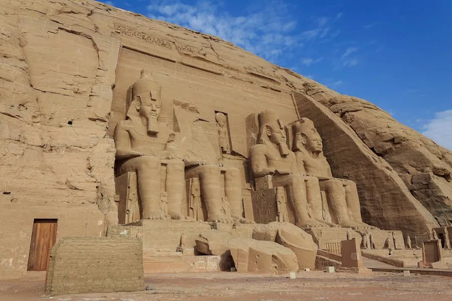 Abu Simbel temple facade with colossal statues