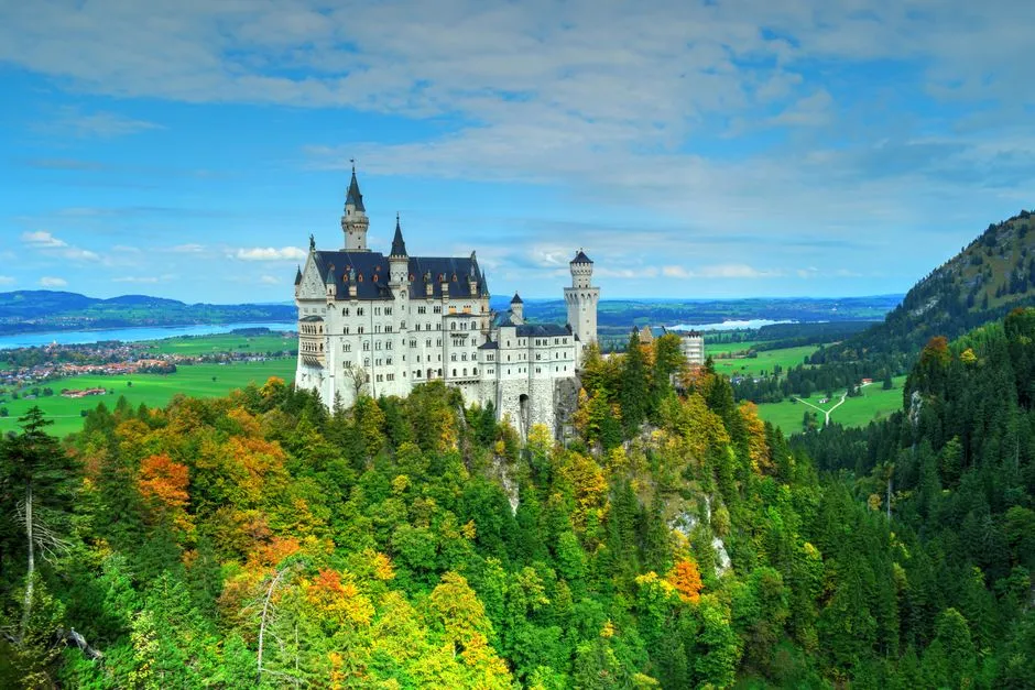 Neuschwanstein Castle surrounded by Bavarian Alps