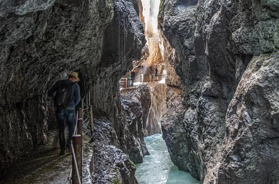 Partnachklamm Gorge with waterfalls and rock tunnels