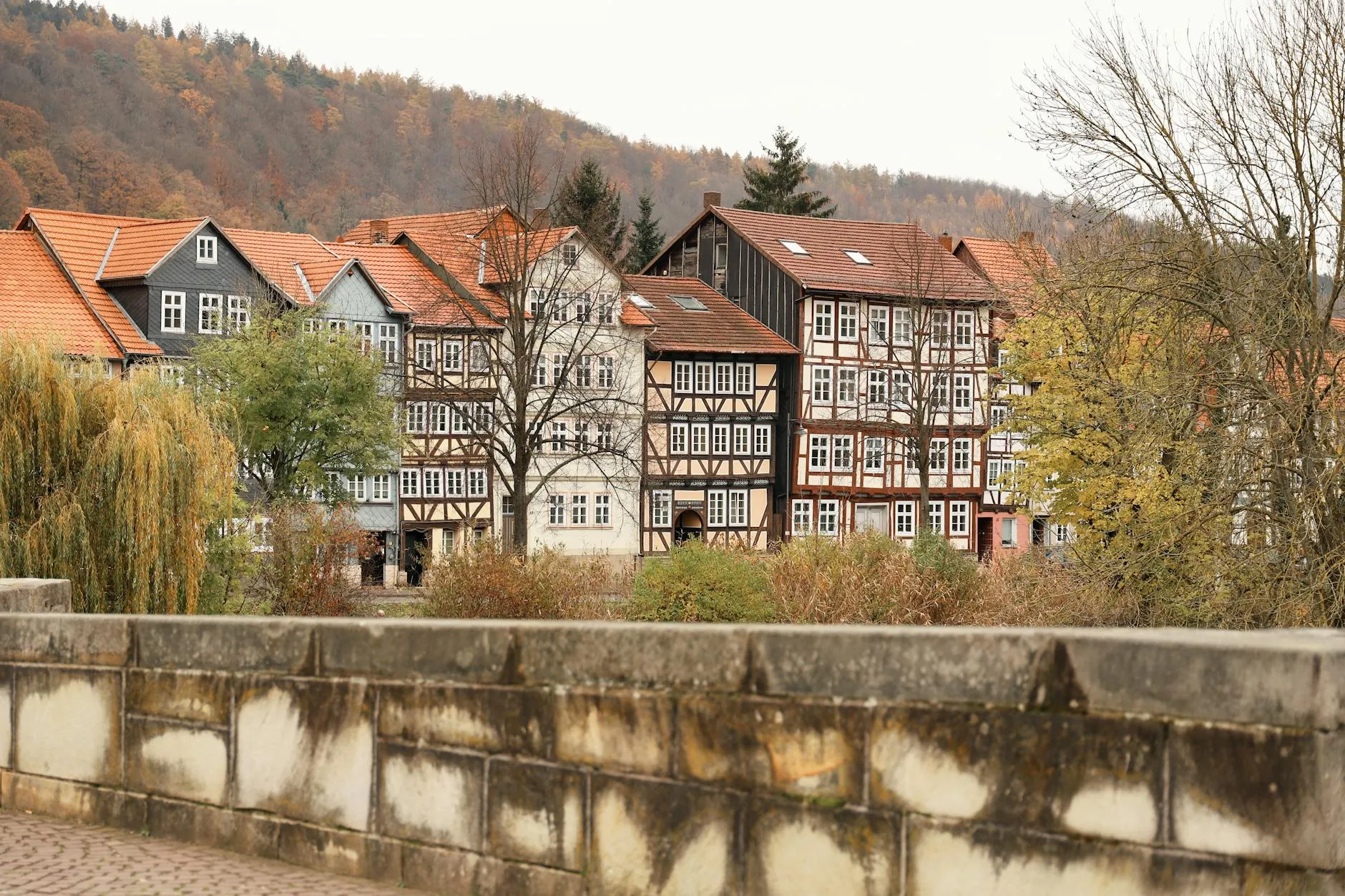 Panoramic view of a German old town with half-timbered houses and church spires