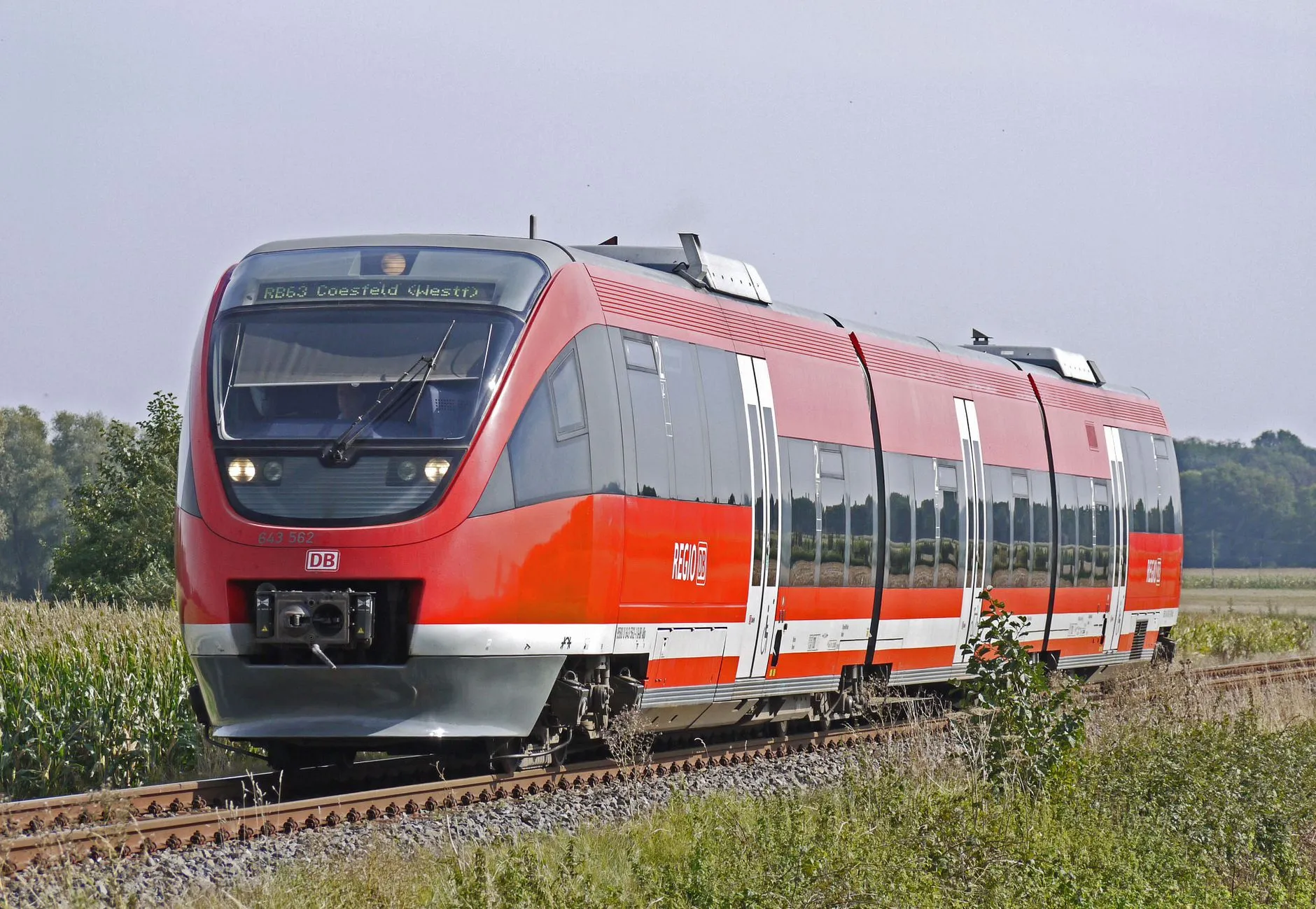 Red regional train passing through green German countryside