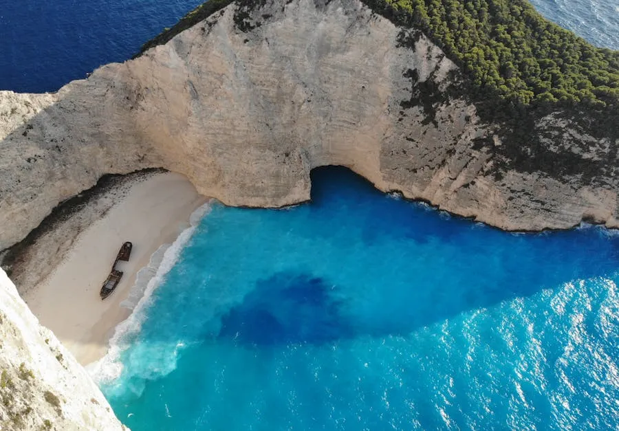 Aerial view of Navagio Shipwreck Beach with turquoise water