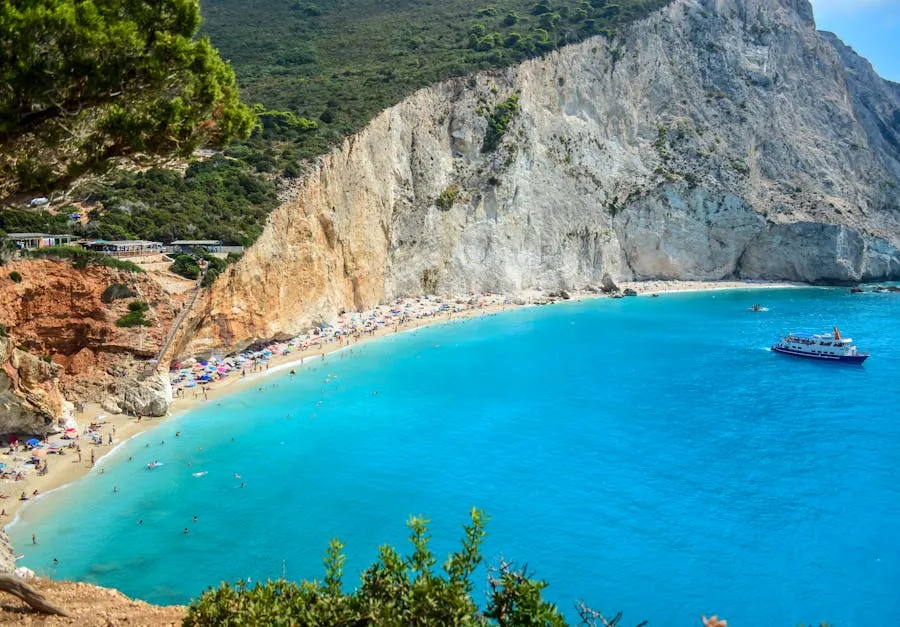 Porto Katsiki beach beneath towering white cliffs in Lefkada