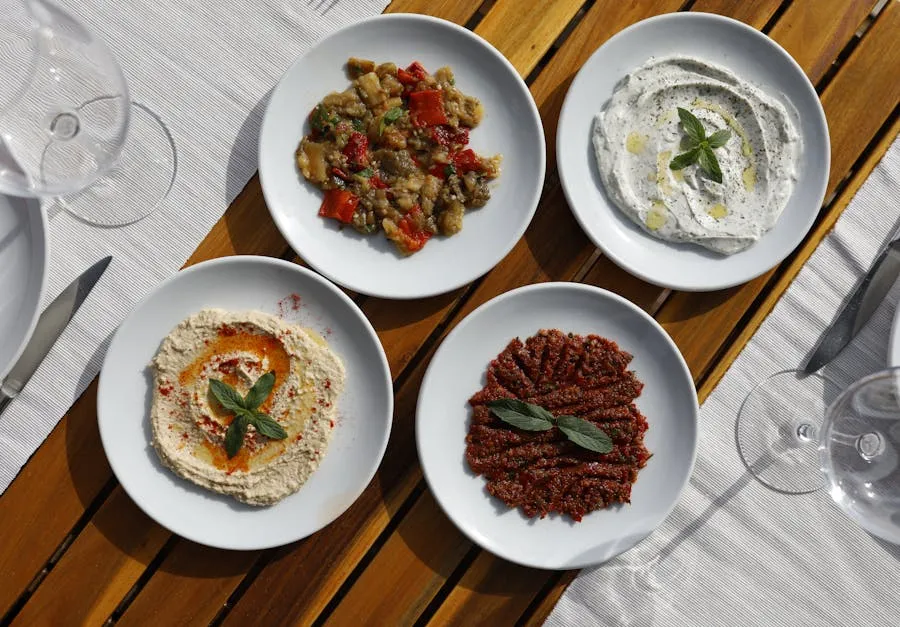 Spread of Greek meze dishes including dips and small plates