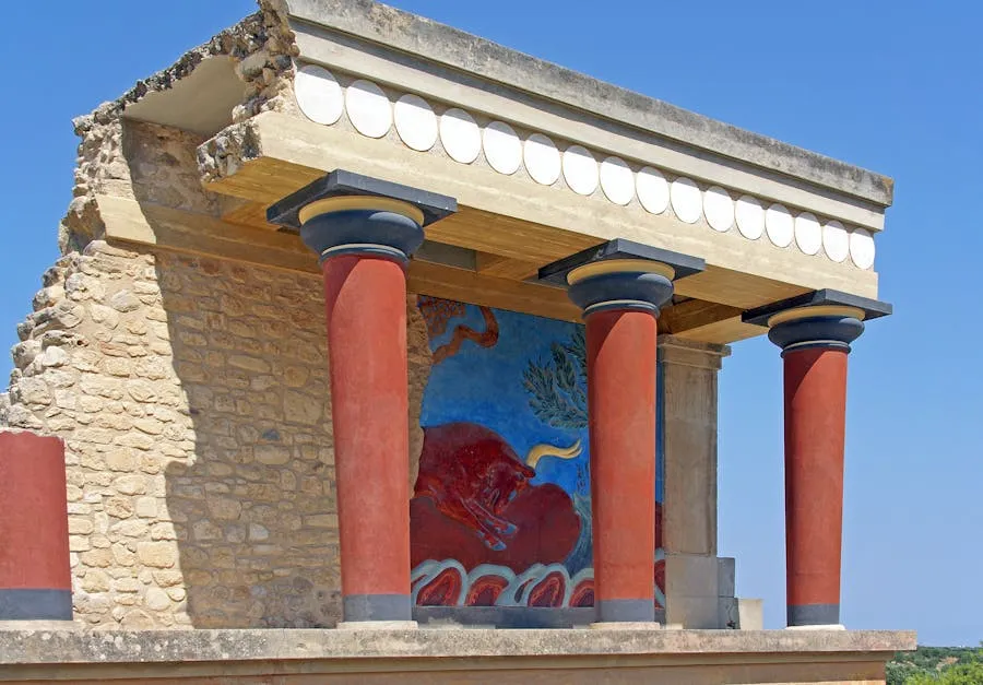 Reconstructed red columns at the Palace of Knossos in Crete