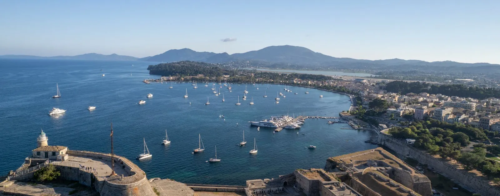 Aerial view across the diverse Greek landscape of islands and coastline