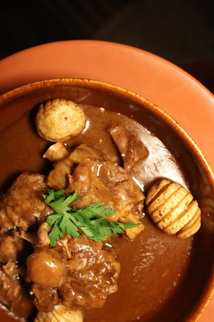 Hearty meat stew in a rustic bowl