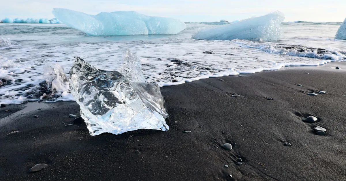 Crystal-clear chunks of glacier ice scattered across black volcanic sand at Diamond Beach