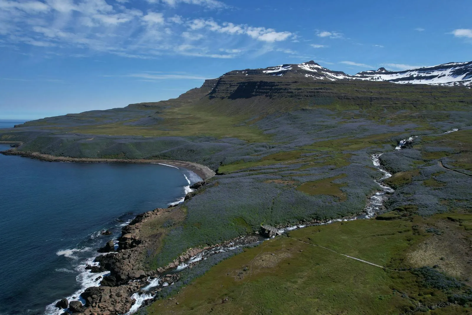 Sweeping aerial view of Iceland coastline where volcanic cliffs meet the North Atlantic Ocean