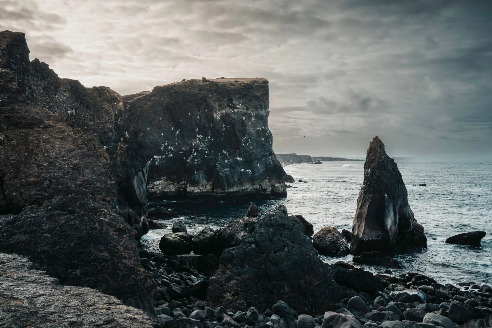 Remote Icelandic coastline with dramatic sea cliffs and crashing waves