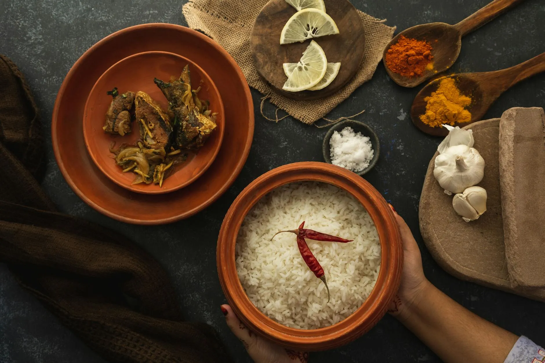 Bengali fish curry served with steamed rice