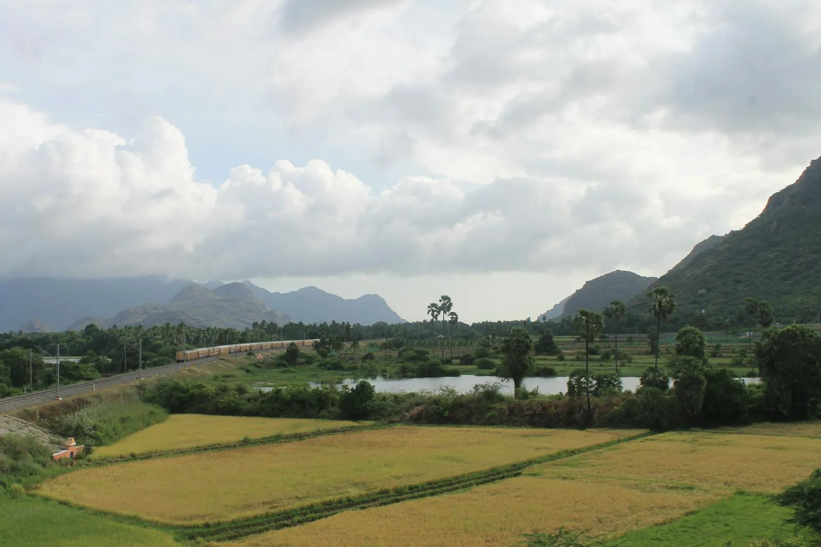 Indian train crossing a scenic landscape