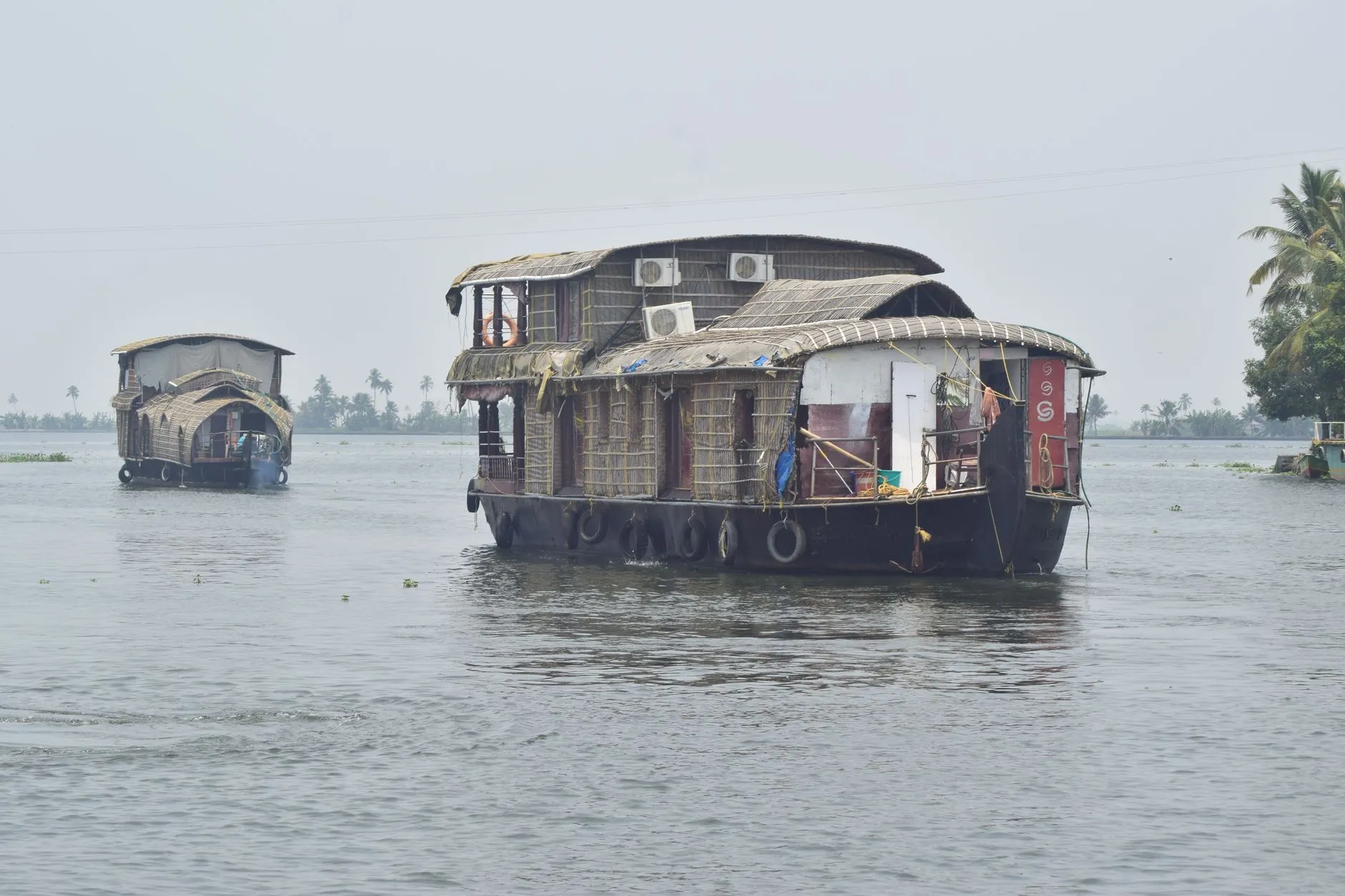 Traditional houseboat on Kerala backwaters lined with palm trees