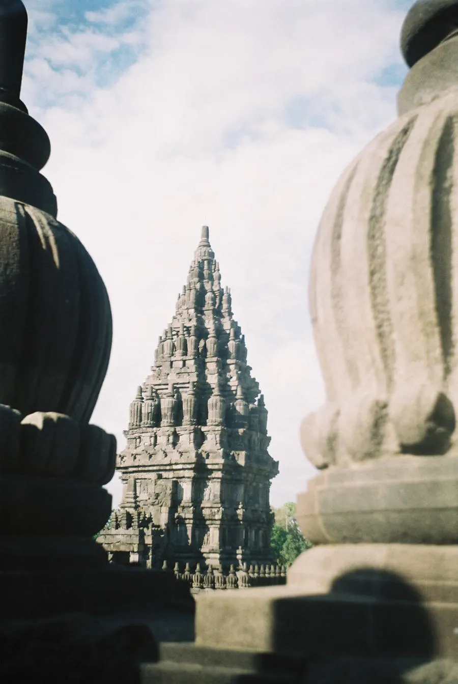Towering stone spires of Prambanan Hindu temple complex in Java