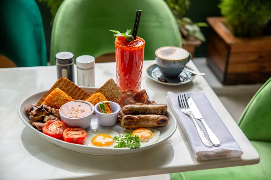 Full Irish breakfast with eggs, bacon, sausages, black pudding, and toast