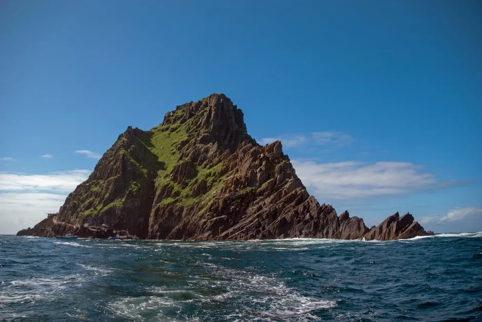Skellig Michael rising from the Atlantic with ancient stone steps visible