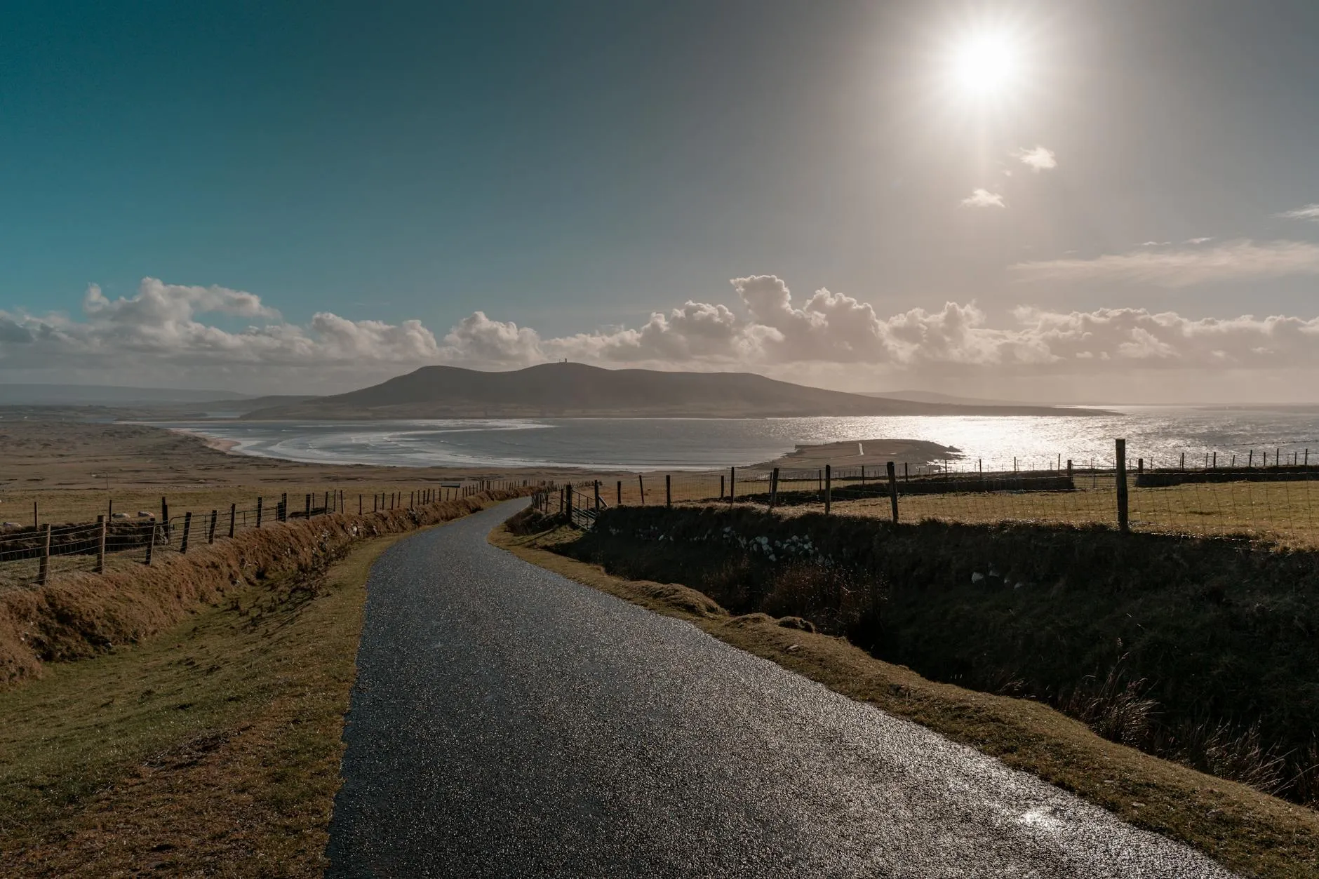 Winding coastal road along the Wild Atlantic Way with green fields and ocean views