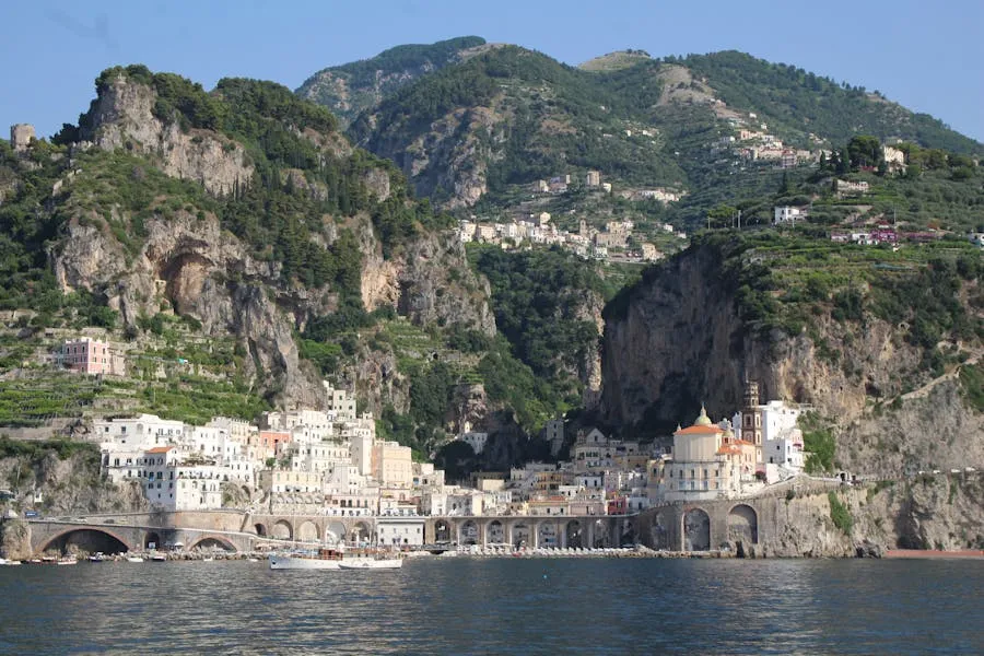 Colourful houses cascading down cliffs along the Amalfi Coast
