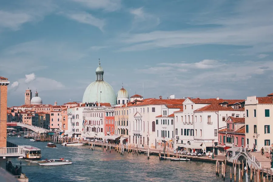 Gondolas on the Grand Canal with historic palaces lining the waterway