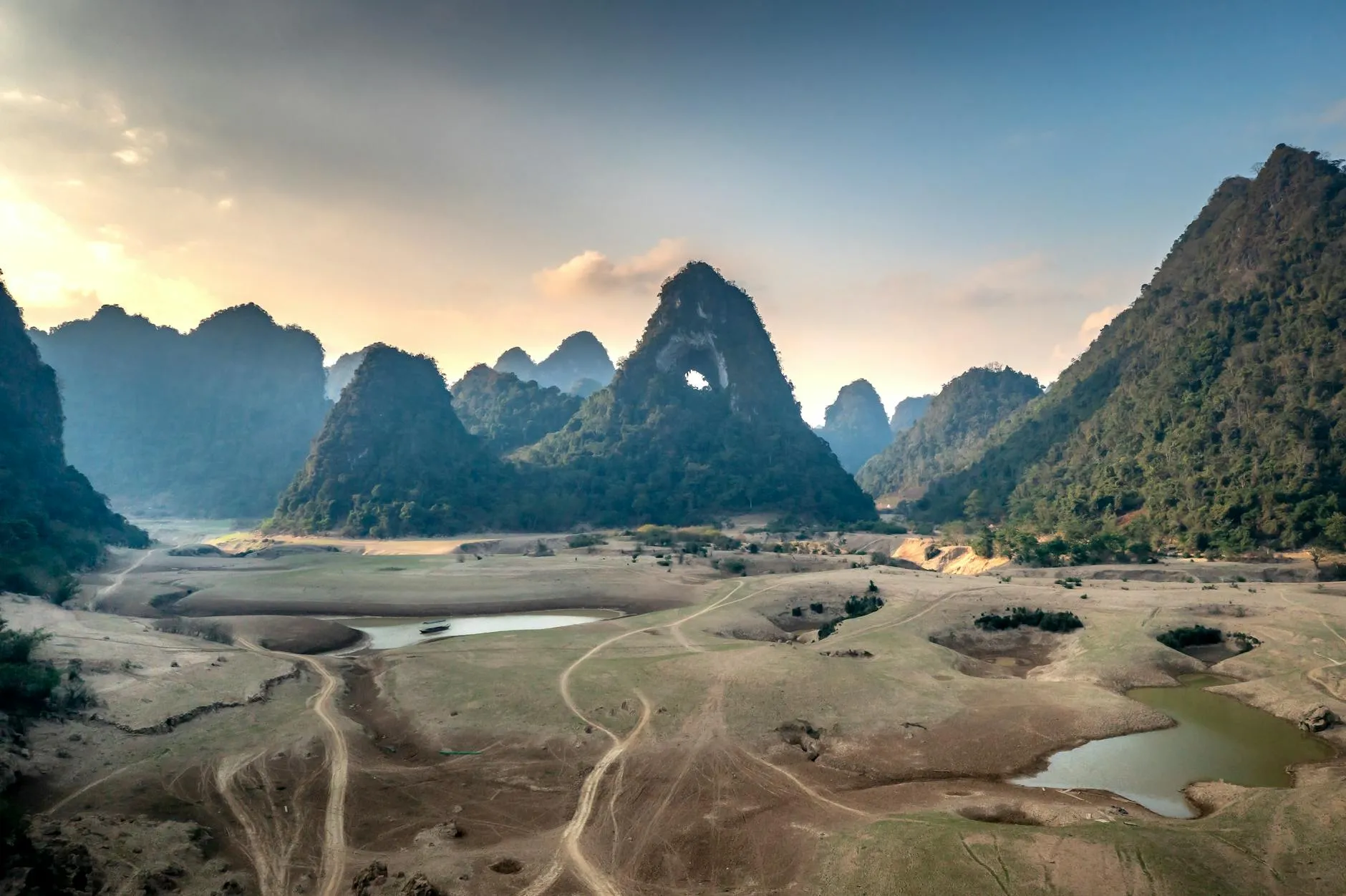 Aerial view of the Laotian landscape with Mekong and karst mountains