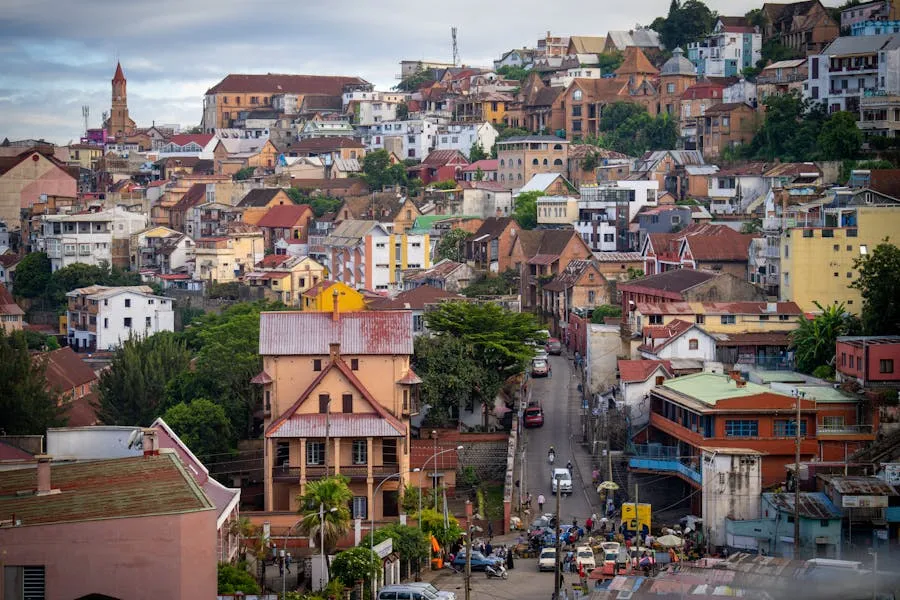 Aerial view of Antananarivo with rice paddies and red-brick buildings