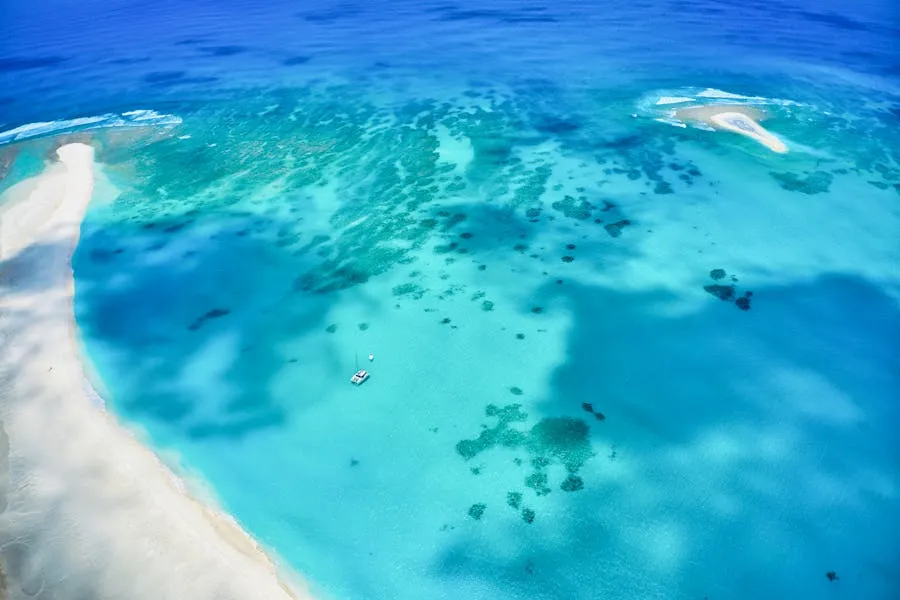 Aerial view of Nosy Iranja sandbar and turquoise lagoon