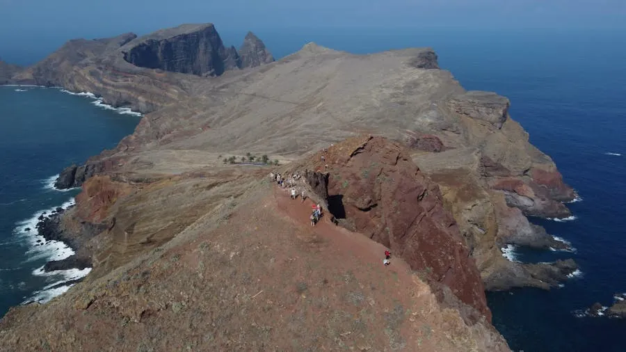 PR8 Ponta de S&atilde;o Louren&ccedil;o red volcanic cliffs with ocean on both sides