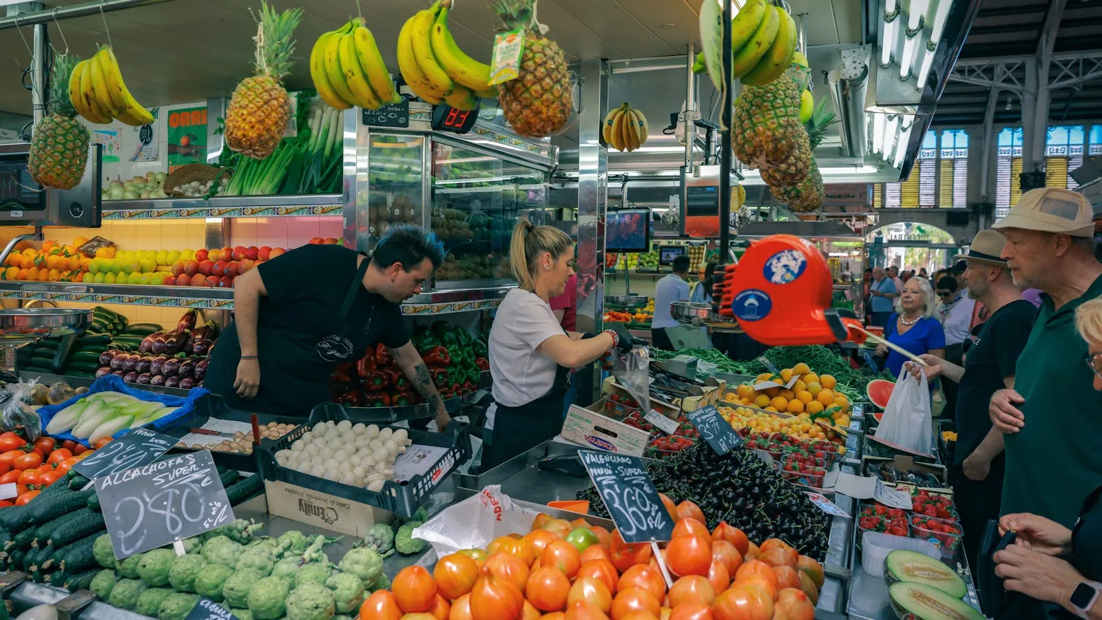 Fresh fruit and flower stall at Mercado dos Lavradores market in Funchal