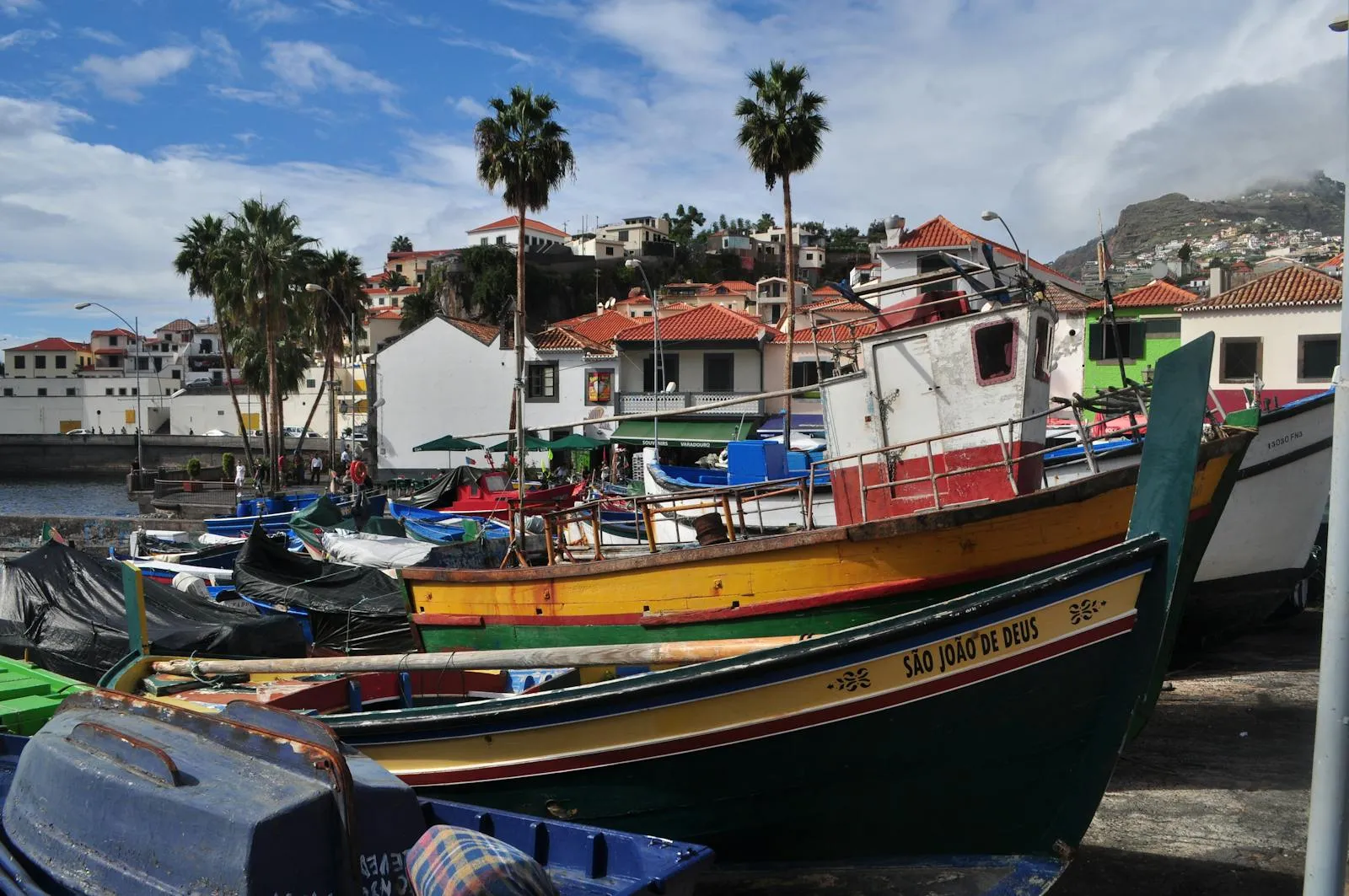 Quiet fishing village of Camara de Lobos with painted boats in the harbour at sunset