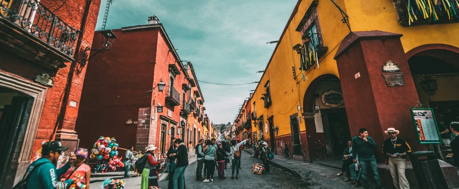 Colourful colonial street in a Mexican highland city