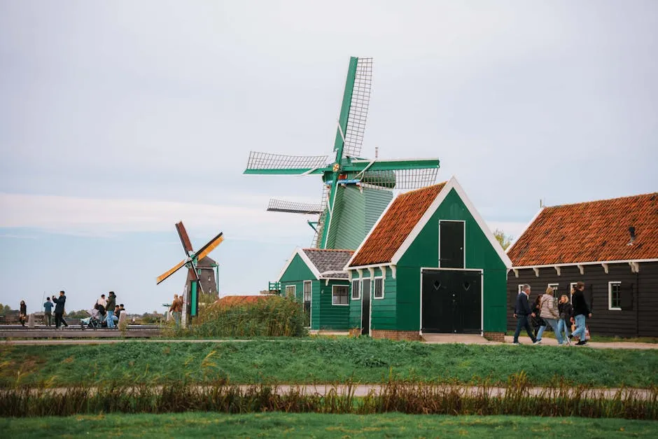 Green wooden windmill at Zaanse Schans