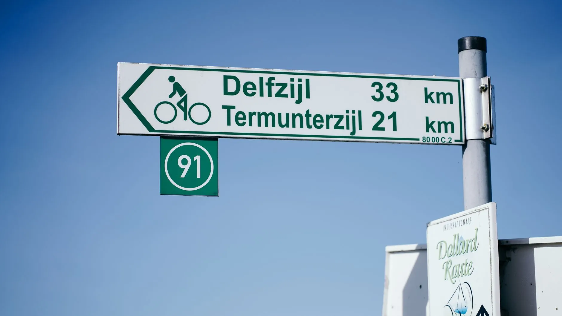 Cyclists on a dedicated bike path through green Dutch polder landscape